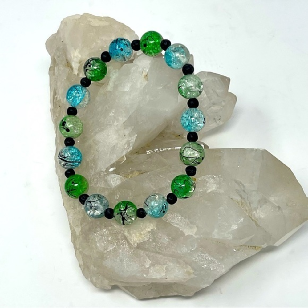 Glass Beaded Bracelet Blue Green Clear Crackle Beads WBlack Splashe‎ Lava Spacer